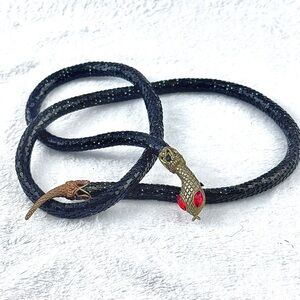 Vintage DL AULD Black Mesh Snake Head Tail Belt Necklace Red Gem Eyes Party Belt